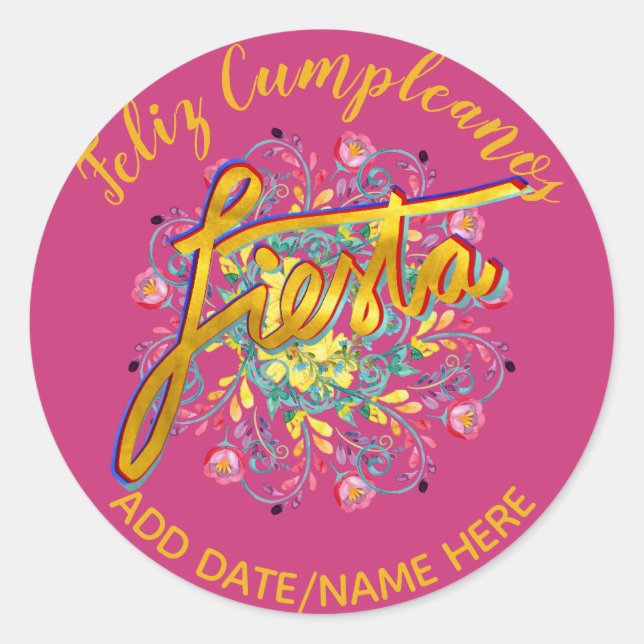 Feliz Cumpleanos FIESTA Folk Blume Personalisiert Runder Aufkleber (Vorderseite)