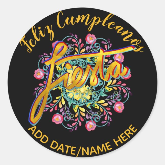 Feliz Cumpleanos FIESTA Folk Blume Personalisiert Runder Aufkleber (Vorderseite)