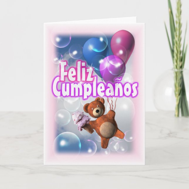 Feliz Cumpleanos Happy Birthday Teddy Bar Balloon Karte (Vorderseite)