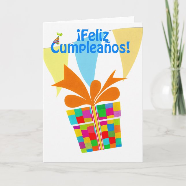 ¡ Feliz Cumpleaños mit dem Geschenkpaket, stoßend Karte (Vorderseite)