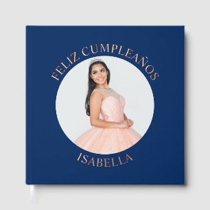 Feliz Cumpleaños Round Foto Navy Blue Gästebuch