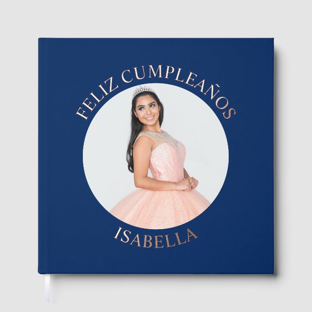 Feliz Cumpleaños Round Foto Navy Blue Gästebuch (Vorderseite)