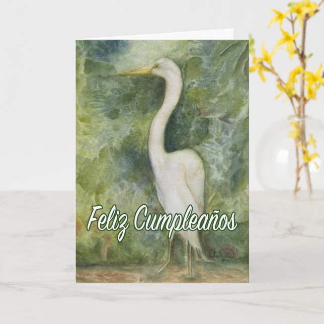 Feliz Cumpleños Garza blanca Egret Spanish B-Day Karte (Gelbe Blume)