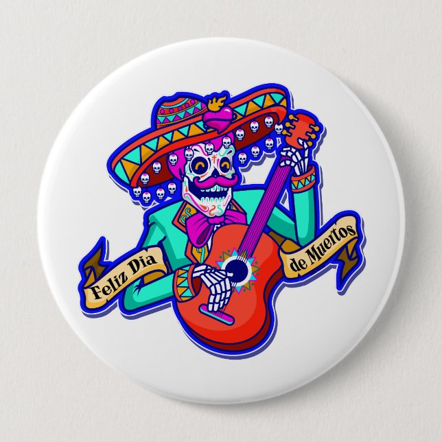 Feliz Dia De Muertos mit Skeleton Gitarre spielen Button (Vorderseite)