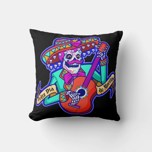 Feliz Dia De Muertos mit Skeleton Gitarre spielen Kissen (Vorderseite)