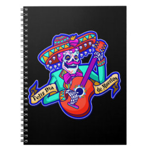 Feliz Dia De Muertos mit Skeleton Gitarre spielen Notizblock
