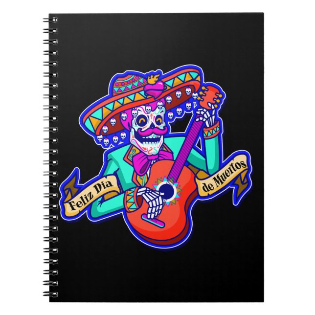 Feliz Dia De Muertos mit Skeleton Gitarre spielen Notizblock (Vorderseite)