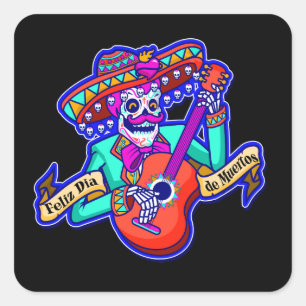Feliz Dia De Muertos mit Skeleton Gitarre spielen Quadratischer Aufkleber