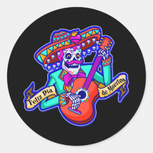 Feliz Dia De Muertos mit Skeleton Gitarre spielen Runder Aufkleber