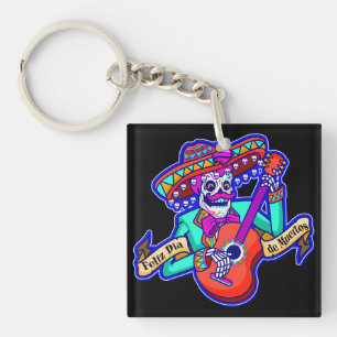 Feliz Dia De Muertos mit Skeleton Gitarre spielen Schlüsselanhänger