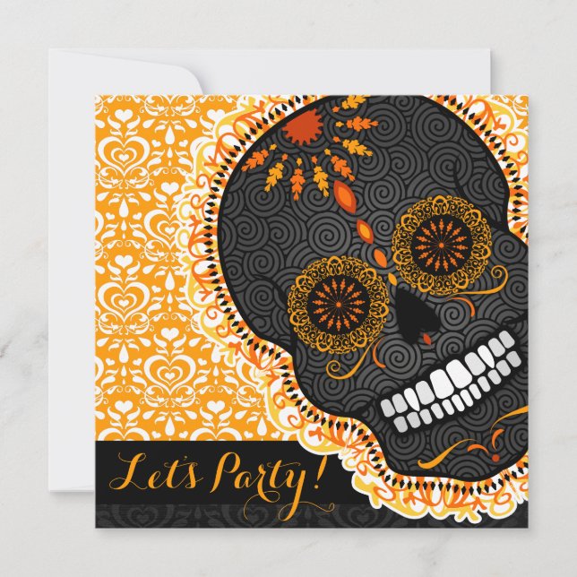 Feliz Muertos Tilted Orange and Black Sugar Skull Einladung (Vorderseite)