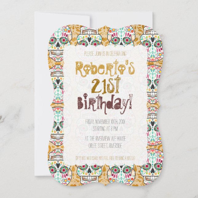 Feliz Muertos Zuckerschädel auf braunem Damast Einladung (Vorderseite)