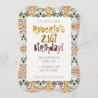 Feliz Muertos Zuckerschädel auf braunem Damast Einladung