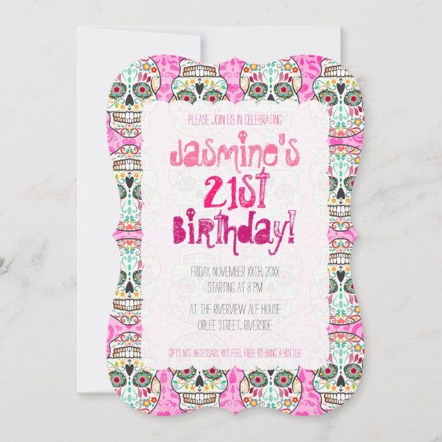 Feliz Muertos Zuckerschädel auf rosa Damaskus Einladung (Vorderseite)