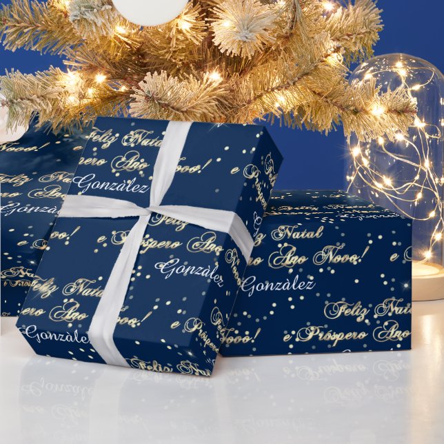 Feliz Natal e Prospero Ano Novo Name Blue Navy Geschenkpapier (Feiertage)