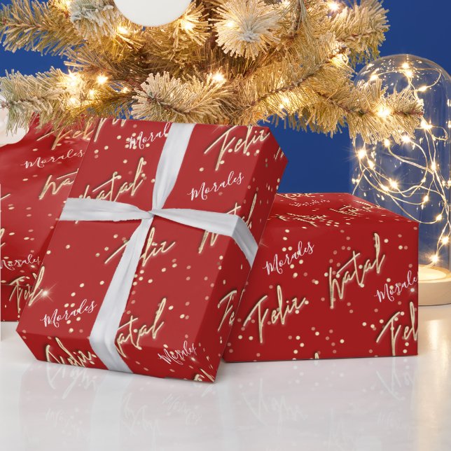 Feliz Natal Golden Script Individuelle Name Red Gi Geschenkpapier (Feiertage)