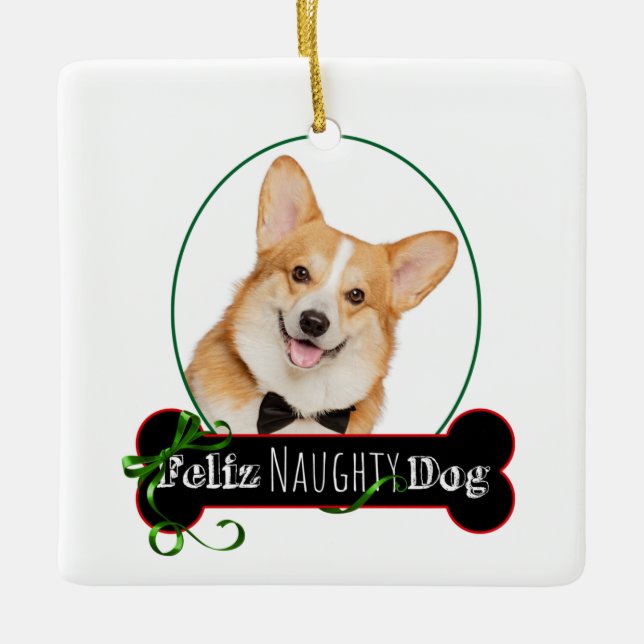 Feliz Naughty Corgi Keramikornament (Vorderseite)