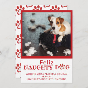 Feliz Naughty Dog Red Paw Prints Foto Holiday Feiertagskarte