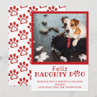 Feliz Naughty Dog Red Paw Prints Foto Holiday Feiertagskarte
