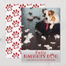Feliz Naughty Dog Red Paws Pet Foto Holiday Card