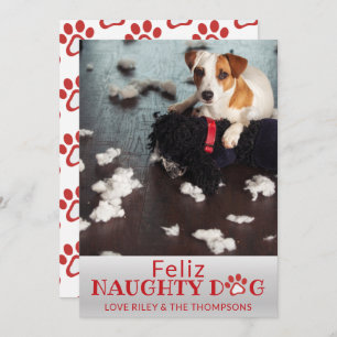 Feliz Naughty Dog Red Paws Pet Foto Holiday Card Feiertagskarte