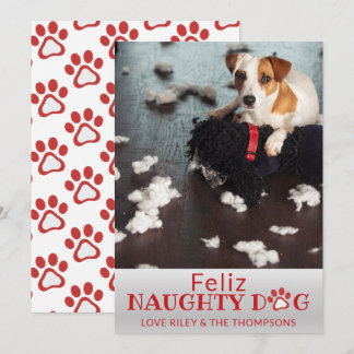 Feliz Naughty Dog Red Paws Pet Foto Holiday Card Feiertagskarte