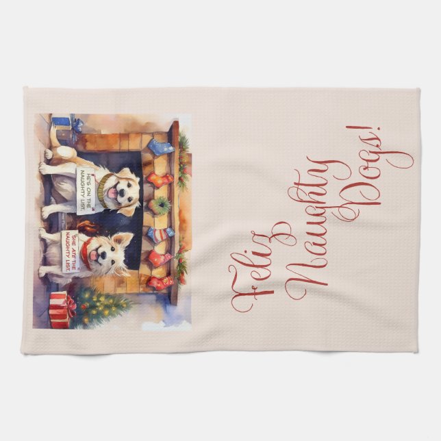 Feliz Naughty Hunde! Christmas Geschirrtuch (Horizontal)