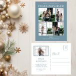 Feliz Navidad 5 Foto Feiertagspostkarte<br><div class="desc">Diese fantastische 5-Foto-Urlaubspostkarte mit "Feliz Navidad!" in einem modernen CAP-Schriftart und Ihrem Familiennamen und Jahr in einem sauberen, klassischen Schriftart, sowohl in Weiß als auch in staubblau, ist perfekt für den Versand an Ihre Familie und Freunde. Jeder wird Liebe bekommen neue Fotos Ihrer Familie! Die Urlaubsnachricht ist anpassbar.</div>