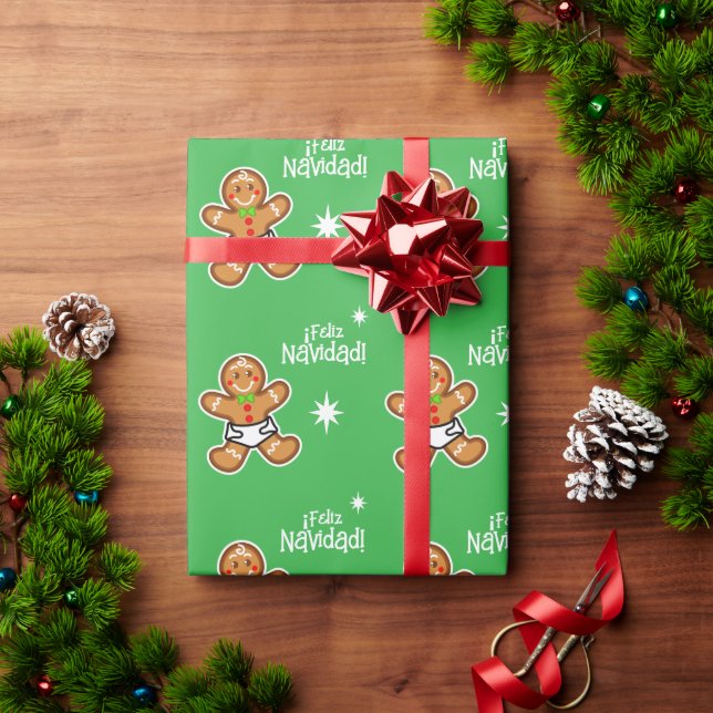 ¡Feliz Navidad! Baby Gingerbread auf Green-Editabl Geschenkpapier (Feiertagsgeschenk)