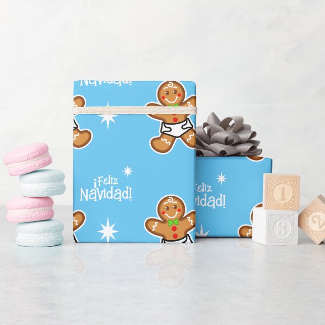 ¡Feliz Navidad! Baby Gingerbrot auf Light Blue Geschenkpapier (Babyparty)