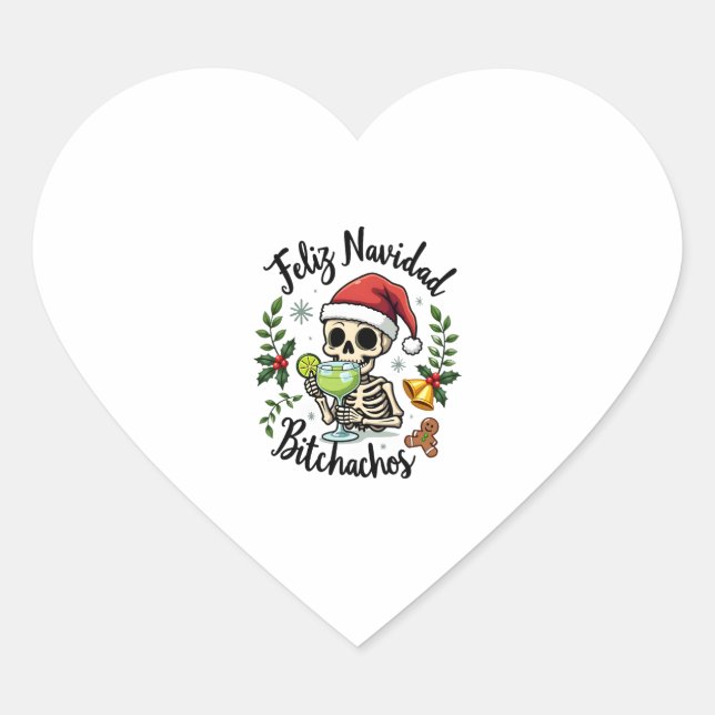 Feliz Navidad Bitchachos Funny Skull Spanish Merry Herz-Aufkleber (Vorderseite)