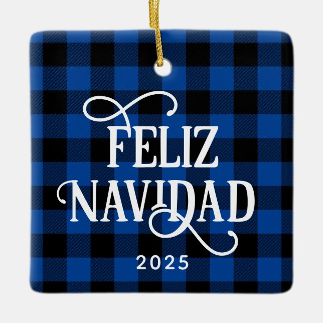 Feliz Navidad Blue Buffalo Plaid Family Photo Keramikornament (Vorderseite)