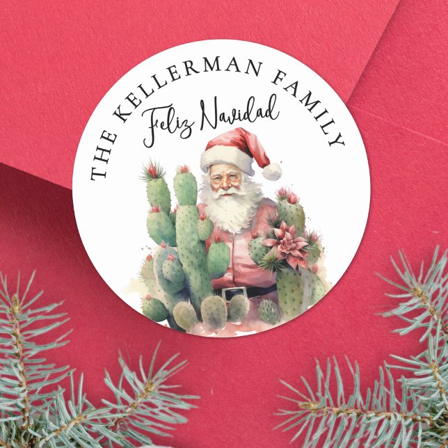 Feliz Navidad Cactus Christmas Runder Aufkleber (Feliz Navidad Cactus Santa Christmas Classic Round Sticker )