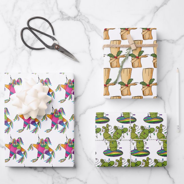 Feliz Navidad Cactus, Tamale & Piñata Geschenkpapier Set (Vorderseite)