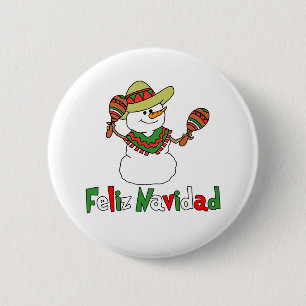 Feliz Navidad Cartoon Snowman Sombrero Maracas Button