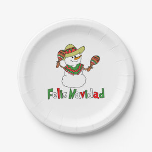 Feliz Navidad Cartoon Snowman Sombrero Maracas Pappteller