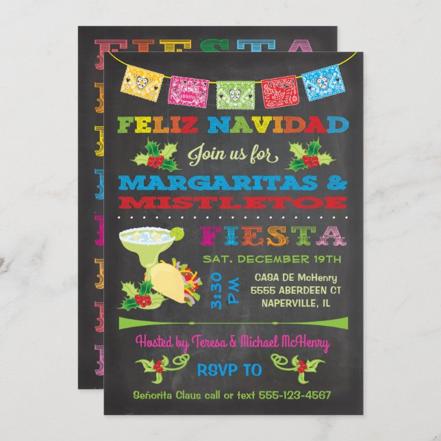 Feliz Navidad Christmas Mistletoe und Margaritas Einladung (Vorne/Hinten)