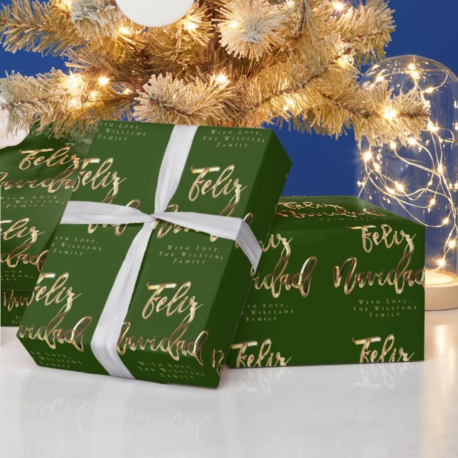 Feliz Navidad Elegant Green und Gold Script Geschenkpapier (Feiertage)