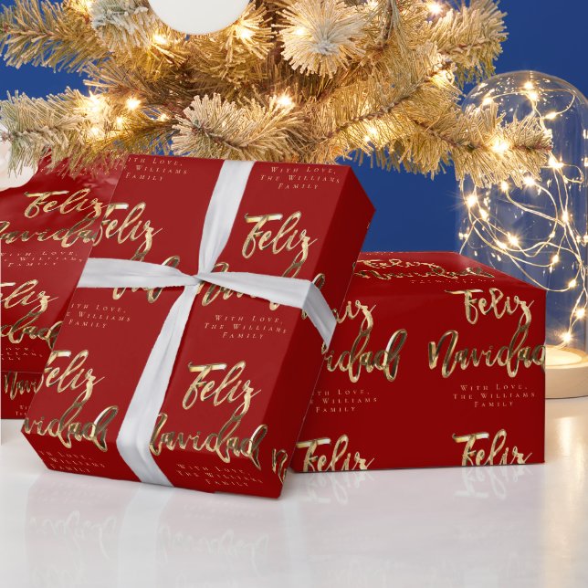 Feliz Navidad Elegant Rot- und Gold-Script Geschenkpapier (Feiertage)