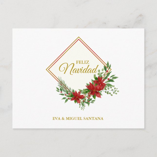 Feliz Navidad Español con Flor de Pascua y Acebo Postkarte (Vorderseite)