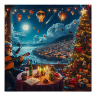 Feliz Navidad Festive Guitar Player Küstenstadt Poster