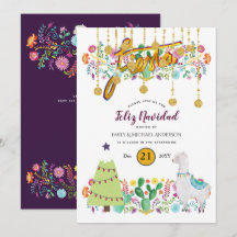 Feliz Navidad Fiesta Einladung Folk Blume Llama