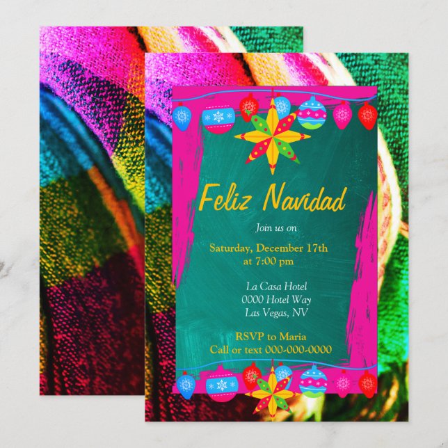 Feliz Navidad Fiesta on Pink & Green Sarape Einladung (Vorne/Hinten)