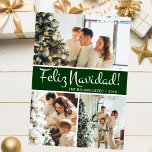 Feliz Navidad Foto Collage Feiertagskarte<br><div class="desc">Diese fantastische 3-Foto-Urlaubskarte mit "Feliz Navidad!" in einem modernen Script-Schriftart und Ihrem Familiennamen und Jahr in einem feinen,  klassischen Schriftart,  sowohl in Weiß als auch in dunkelgrün mit einem passenden Rücken,  ist ideal für den Versand an Ihre Familie und Freunde. Jeder wird Liebe bekommen neue Fotos Ihrer Familie!</div>