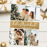Feliz Navidad Foto Collage Feiertagskarte<br><div class="desc">Diese fantastische 3-Foto-Urlaubskarte mit "Feliz Navidad!" in einem modernen Script-Schriftart und Ihrem Familiennamen und Jahr in einem feinen,  klassischen Schriftart,  beides in weiß auf goldfarben mit einem passenden Rücken,  ist ideal für den Versand an Ihre Familie und Freunde. Jeder wird Liebe bekommen neue Fotos Ihrer Familie!</div>