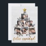 Feliz Navidad | Fotos forma del árbol de Navidad Feiertagskarte<br><div class="desc">Celebra la Navidad con esta moderna tarjeta con foto. Un festivo krankño de tarjeta navideña que include seis de tus fotos favoritas dispuestas en forma de árbol de Navidad acentuado con ramas de pino dibujadas a mano, piñas, purpurina dorada de imitación y una estrella dorada sobre un fondo blanco de...</div>