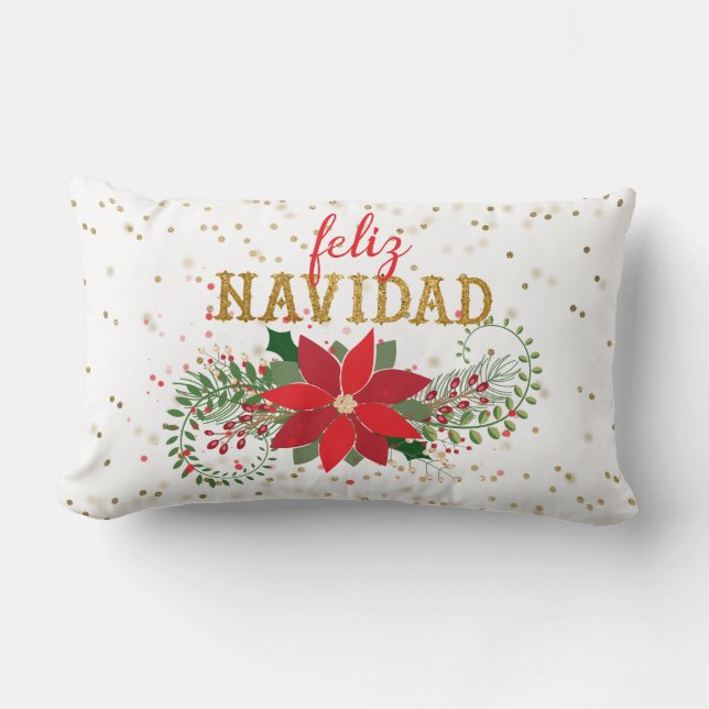 Feliz Navidad Gold Glitzer Poinsettia Lendenkissen (Vorderseite)