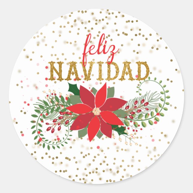 Feliz Navidad Gold Glitzer Poinsettia Runder Aufkleber (Vorderseite)