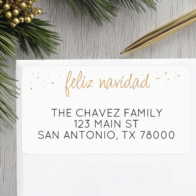 Feliz Navidad Gold Script Weihnachtsadresse Adressaufkleber (Feliz Navidad Christmas Address Label)