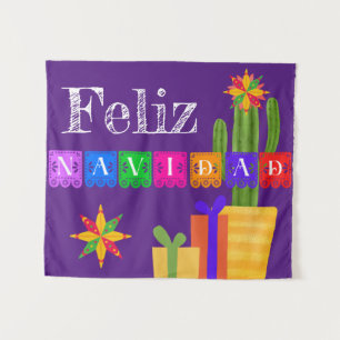 Feliz Navidad Green Cactus on Lila Wandteppich